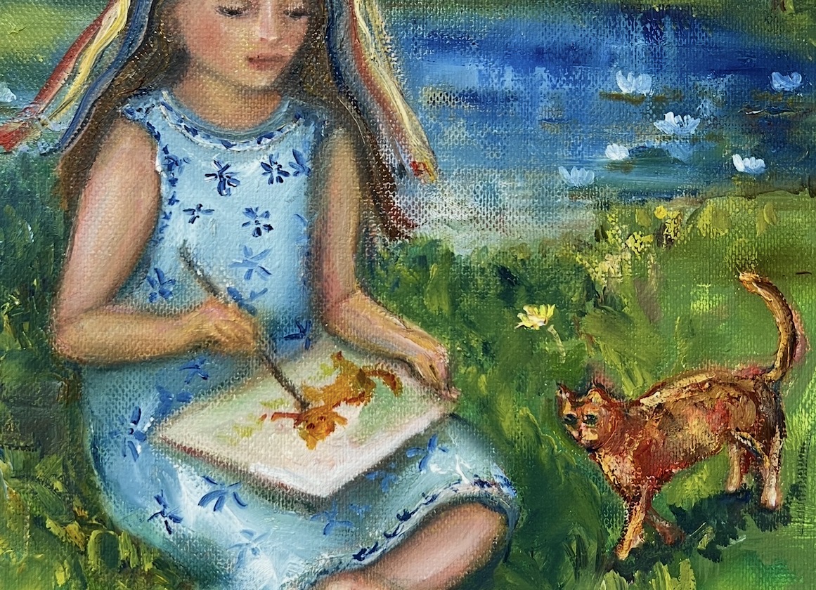 Close-up showing the girl's sketchbook, pencil, and the cat beside her